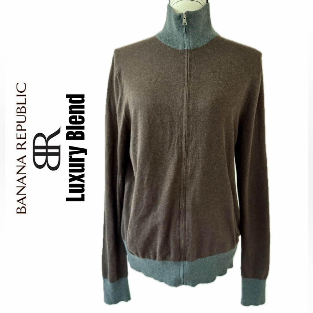Banana Republic Luxury Blend Cardigan Mock Neck Silk/Cashmere ChocolateBrown/Gry